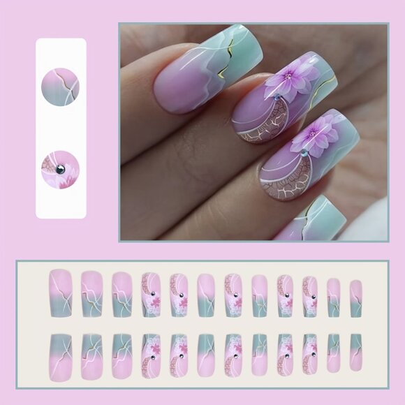 24pcs Set of Long Square Purple Gradient Press-On Nails with Floral Print Design - Picture 2 of 6